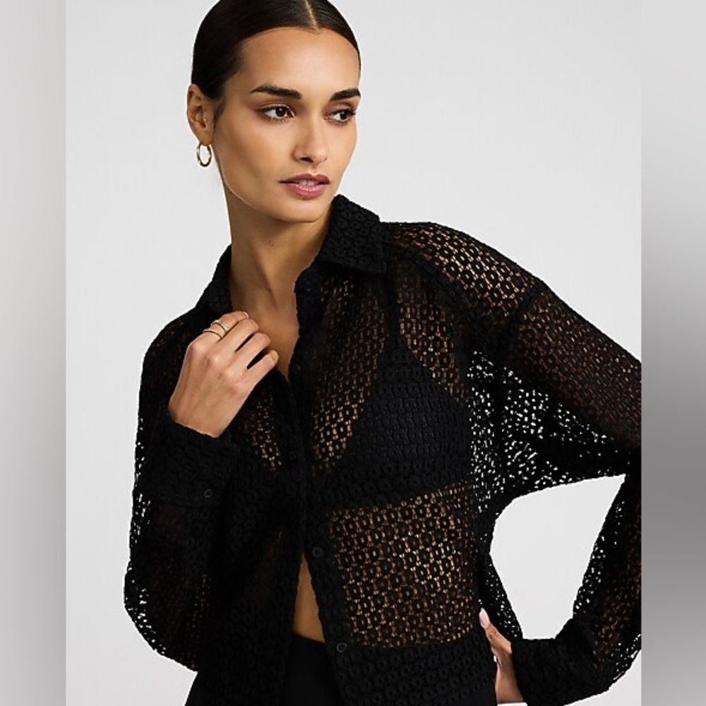 EXPRESS Black Corded Lace Long Sleeve CrocheButton Down Crop Top | Size XL | NWT